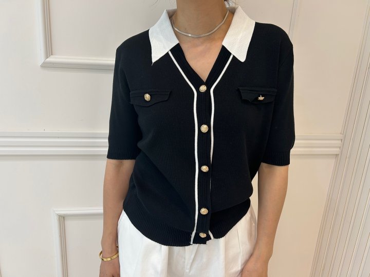 Pearls room - Korean Women Fashion - #momslook - Contrast V Collar Knit Cardigan