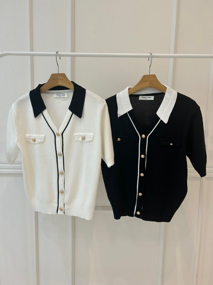 Pearls room - Korean Women Fashion - #momslook - Contrast V Collar Knit Cardigan - 11