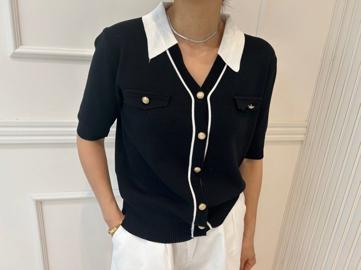 Pearls room - Korean Women Fashion - #momslook - Contrast V Collar Knit Cardigan - 3