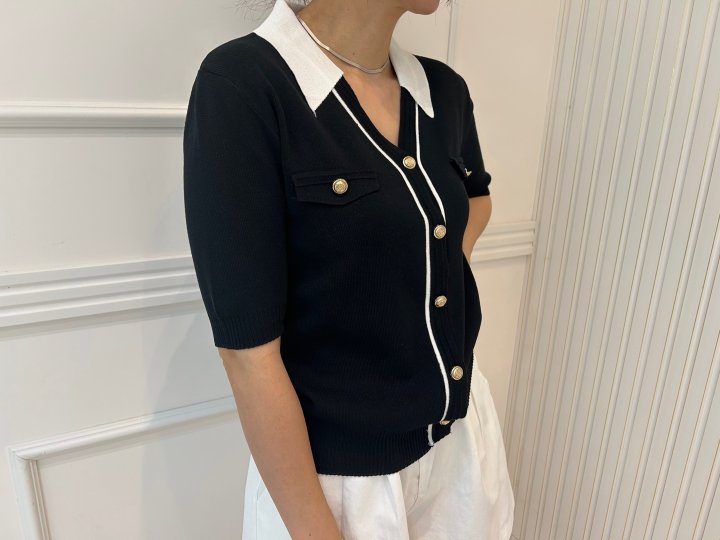 Pearls room - Korean Women Fashion - #momslook - Contrast V Collar Knit Cardigan - 5