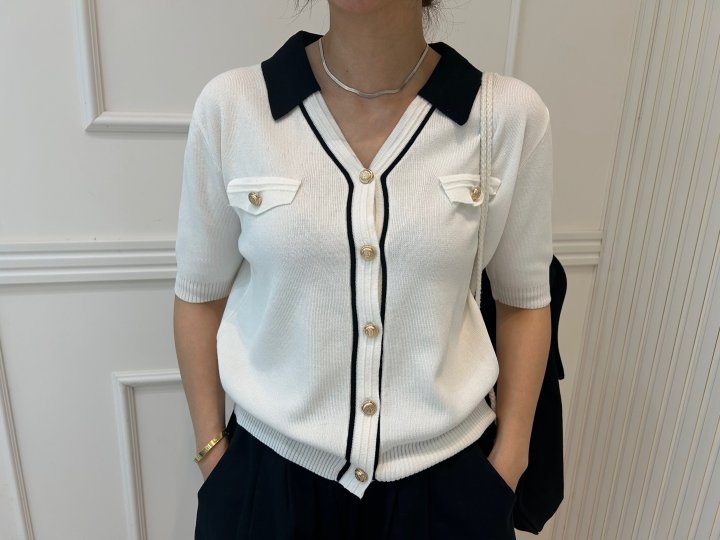 Pearls room - Korean Women Fashion - #momslook - Contrast V Collar Knit Cardigan - 7