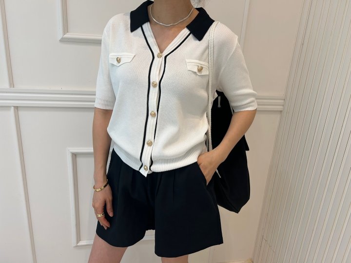 Pearls room - Korean Women Fashion - #momslook - Contrast V Collar Knit Cardigan - 9