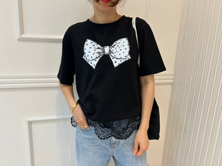 Pearls room - Korean Women Fashion - #momslook - Ribbon Lace Tee - 2