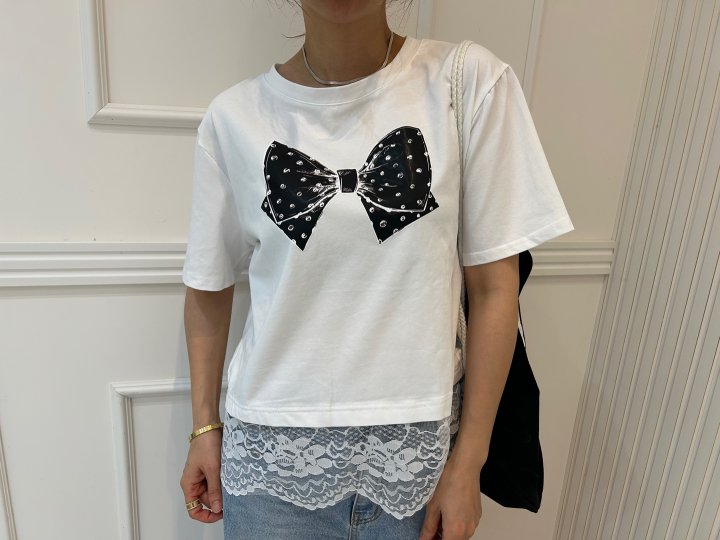 Pearls room - Korean Women Fashion - #momslook - Ribbon Lace Tee - 8