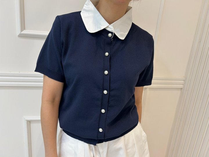 Pearls room - Korean Women Fashion - #momslook - Pearl Collar Knit Cardigan - 2