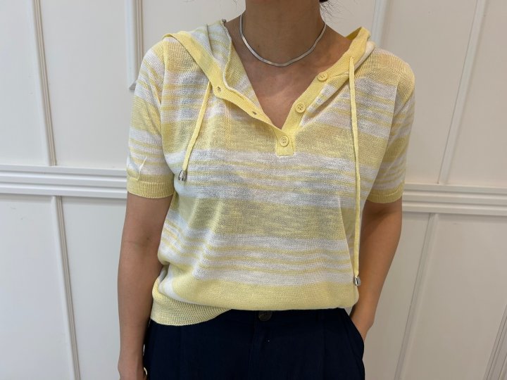 Pearls room - Korean Women Fashion - #momslook - Blanc Stripe Hoodie Short Sleeve Knit