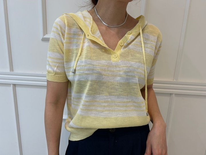 Pearls room - Korean Women Fashion - #momslook - Blanc Stripe Hoodie Short Sleeve Knit - 3
