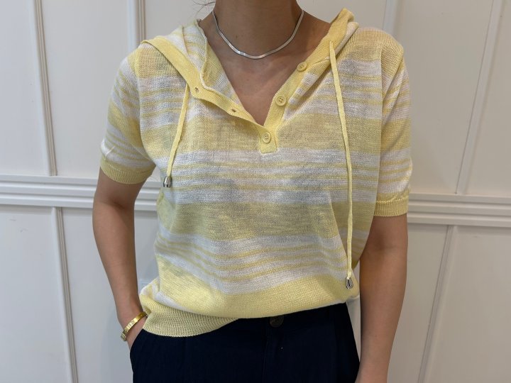 Pearls room - Korean Women Fashion - #momslook - Blanc Stripe Hoodie Short Sleeve Knit - 4