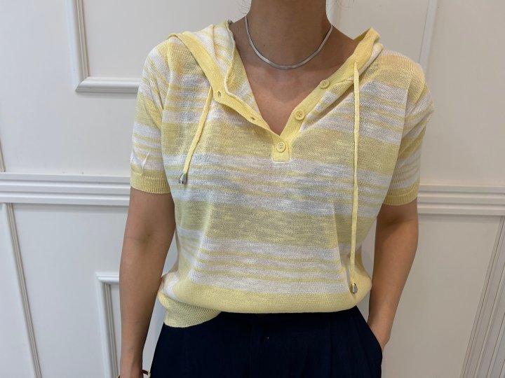 Pearls room - Korean Women Fashion - #momslook - Blanc Stripe Hoodie Short Sleeve Knit - 5