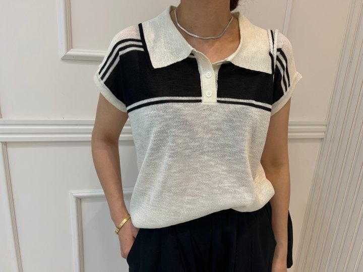 Pearls room - Korean Women Fashion - #momslook - Stripe Contrast Short Sleeve Knit