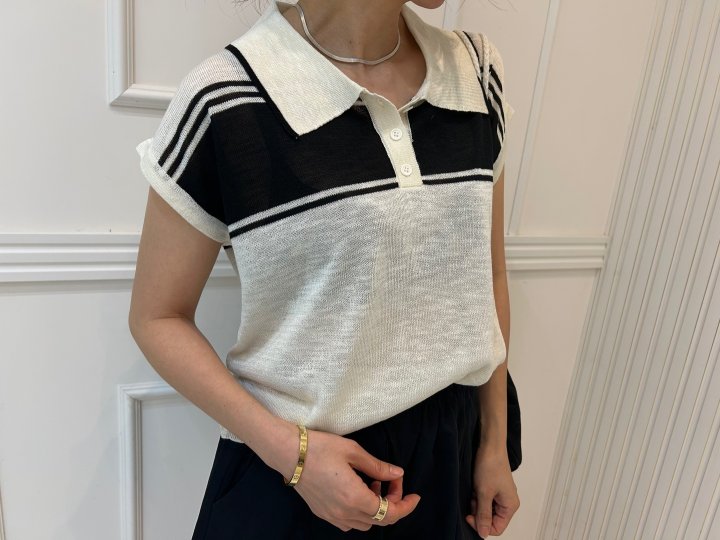 Pearls room - Korean Women Fashion - #momslook - Stripe Contrast Short Sleeve Knit - 3