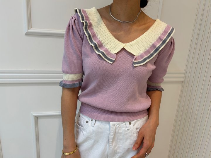 Pearls room - Korean Women Fashion - #momslook - Contrast V Frill Short Sleeve Knit