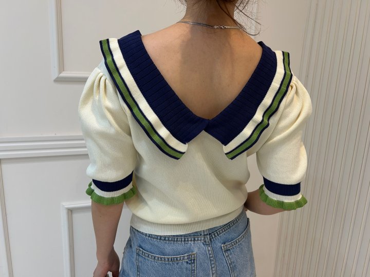 Pearls room - Korean Women Fashion - #momslook - Contrast V Frill Short Sleeve Knit - 11