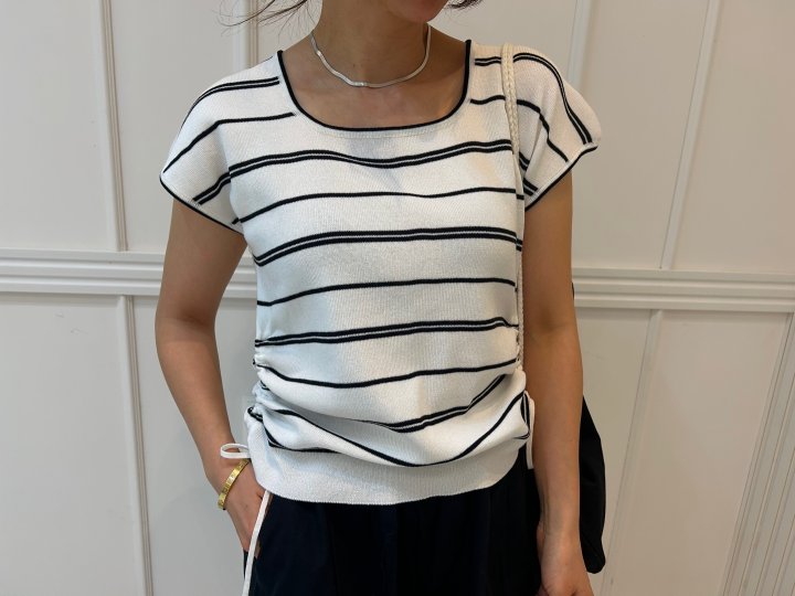 Pearls room - Korean Women Fashion - #momslook - Boat Neck String Short Sleeve Knit - 8