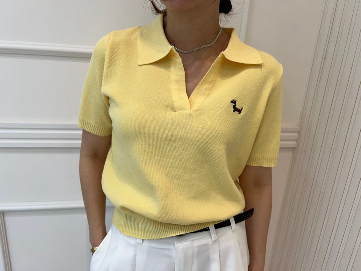 Pearls room - Korean Women Fashion - #momslook - Slit Short Sleeve  Embroidery Knit