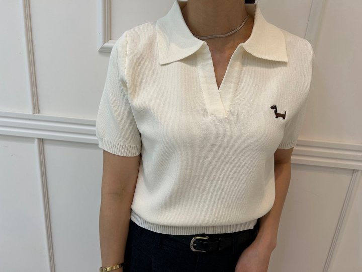 Pearls room - Korean Women Fashion - #momslook - Slit Short Sleeve  Embroidery Knit - 9