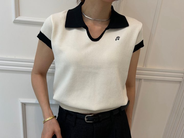 Pearls room - Korean Women Fashion - #momslook - Contrast Embroidery Short Sleeve Collar Knit - 2