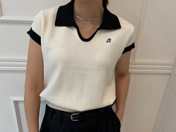 Pearls room - Korean Women Fashion - #womensfashion - Contrast Embroidery Short Sleeve Collar Knit - 4