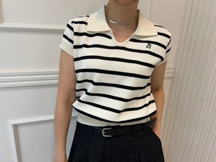 Pearls room - Korean Women Fashion - #momslook - Contrast Embroidery Short Sleeve Collar Knit - 6