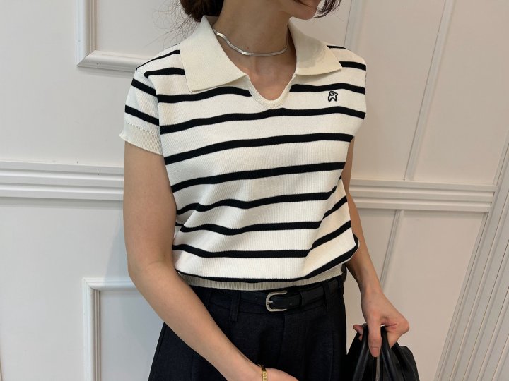 Pearls room - Korean Women Fashion - #momslook - Contrast Embroidery Short Sleeve Collar Knit - 9