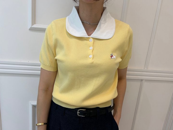 Pearls room - Korean Women Fashion - #momslook - Contrast Round Collar Short Sleeve Knit