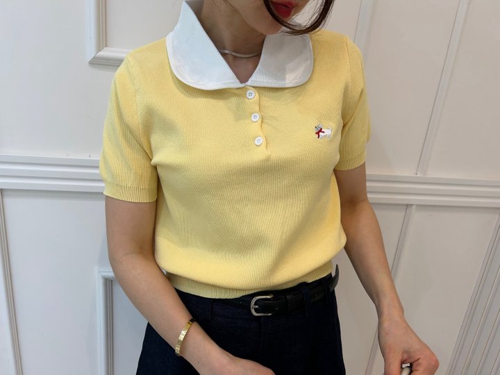 Pearls room - Korean Women Fashion - #momslook - Contrast Round Collar Short Sleeve Knit - 2