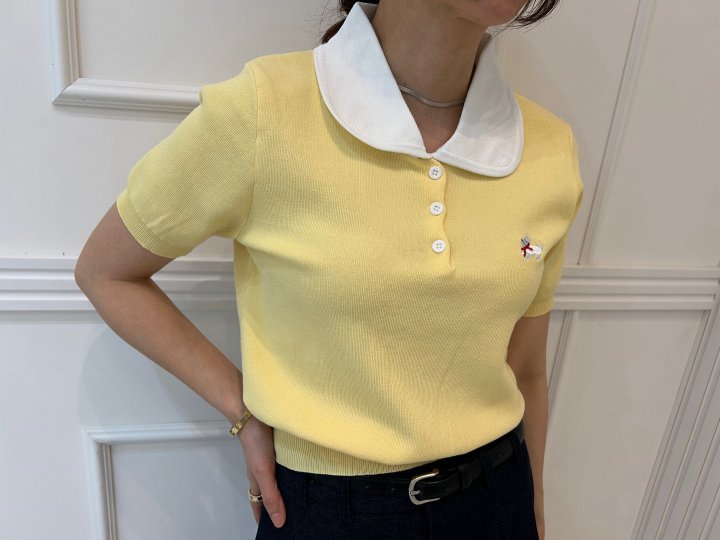 Pearls room - Korean Women Fashion - #momslook - Contrast Round Collar Short Sleeve Knit - 3