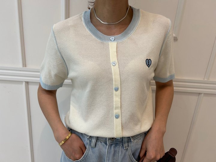 Pearls room - Korean Women Fashion - #momslook - Heart Embroidery Short Sleeve Knit - 11