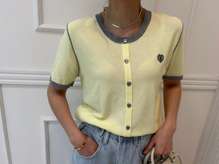 Pearls room - Korean Women Fashion - #momslook - Heart Embroidery Short Sleeve Knit - 9