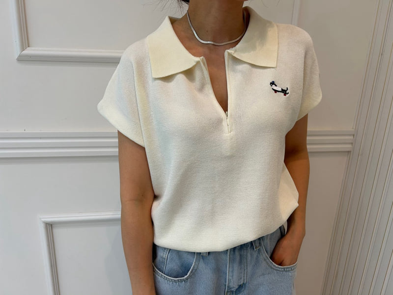 Pearls room - Korean Women Fashion - #momslook - Zipper Embroidery Short Sleeve Knit - 12