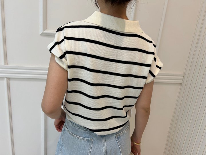 Pearls room - Korean Women Fashion - #momslook - Zipper Embroidery Short Sleeve Knit - 6