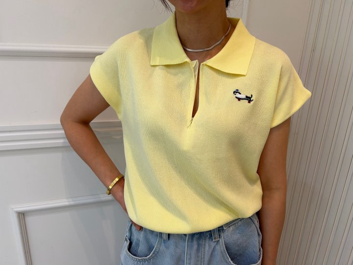 Pearls room - Korean Women Fashion - #momslook - Zipper Embroidery Short Sleeve Knit - 8