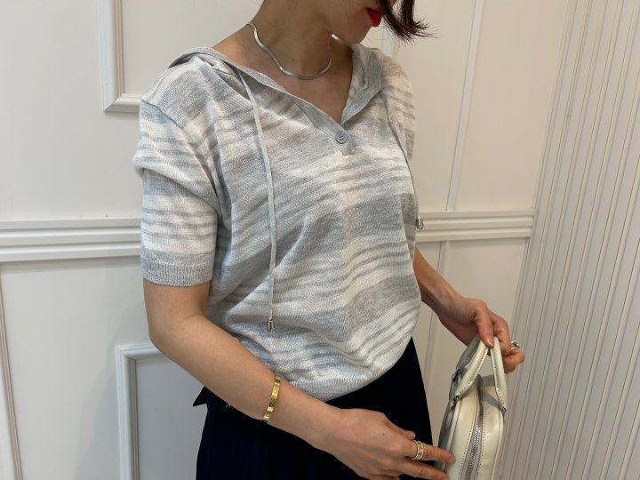 Pearls room - Korean Women Fashion - #pursuepretty - Blanc Stripe Hoodie Short Sleeve Knit - 9