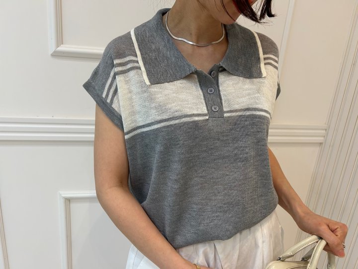 Pearls room - Korean Women Fashion - #pursuepretty - Stripe Contrast Short Sleeve Knit - 7
