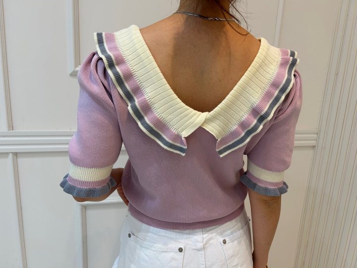 Pearls room - Korean Women Fashion - #pursuepretty - Contrast V Frill Short Sleeve Knit - 5
