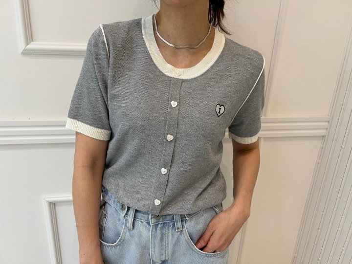 Pearls room - Korean Women Fashion - #pursuepretty - Heart Embroidery Short Sleeve Knit - 3