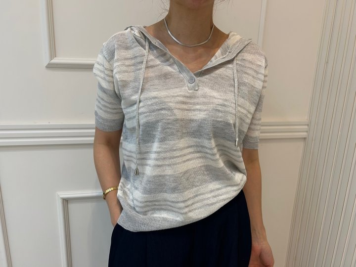 Pearls room - Korean Women Fashion - #restrostyle - Blanc Stripe Hoodie Short Sleeve Knit - 10