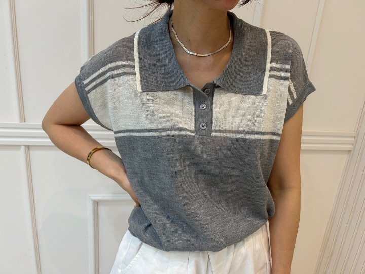 Pearls room - Korean Women Fashion - #restrostyle - Stripe Contrast Short Sleeve Knit - 8