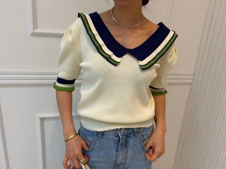 Pearls room - Korean Women Fashion - #restrostyle - Contrast V Frill Short Sleeve Knit - 6