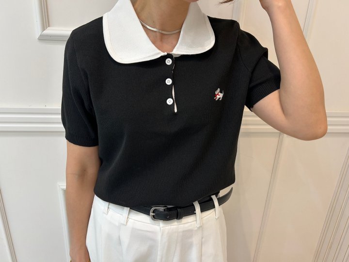 Pearls room - Korean Women Fashion - #restrostyle - Contrast Round Collar Short Sleeve Knit - 8