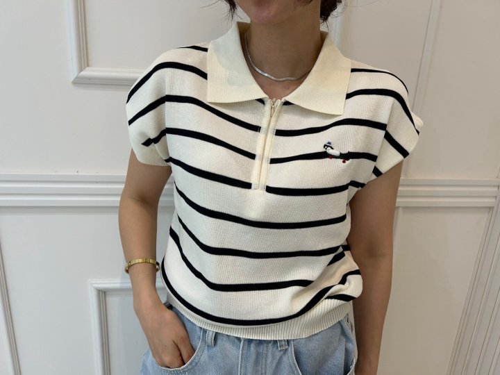 Pearls room - Korean Women Fashion - #restrostyle - Zipper Embroidery Short Sleeve Knit