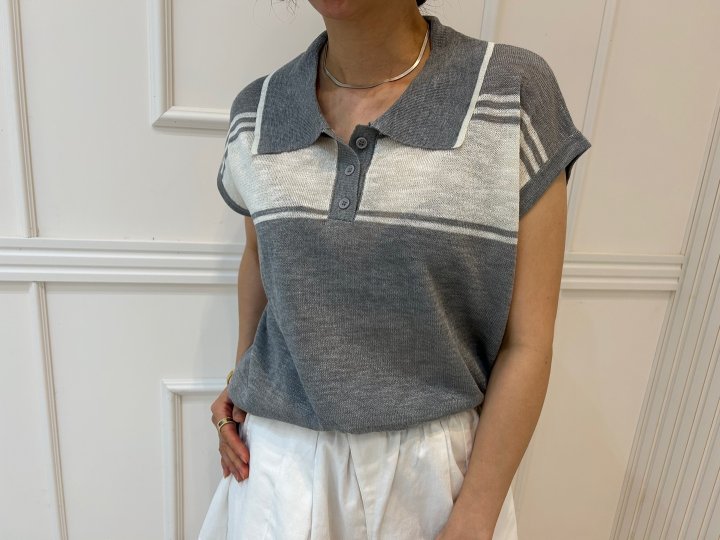 Pearls room - Korean Women Fashion - #romanticstyle - Stripe Contrast Short Sleeve Knit - 9