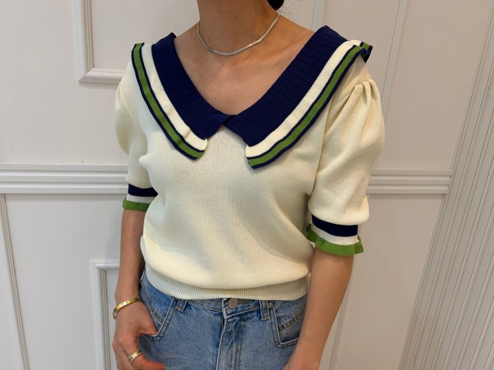 Pearls room - Korean Women Fashion - #romanticstyle - Contrast V Frill Short Sleeve Knit - 7