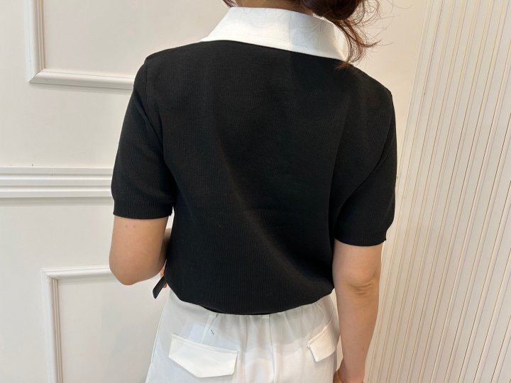 Pearls room - Korean Women Fashion - #romanticstyle - Contrast Round Collar Short Sleeve Knit - 9