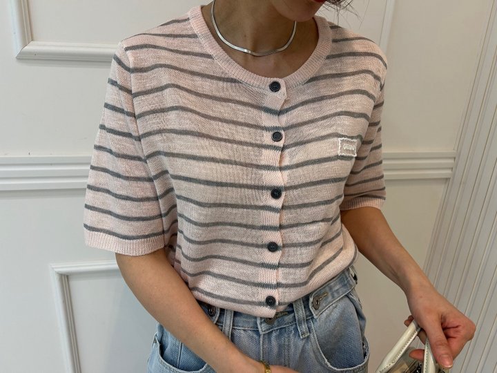 Pearls room - Korean Women Fashion - #romanticstyle - Stripe Lace Patch Cardigan - 7