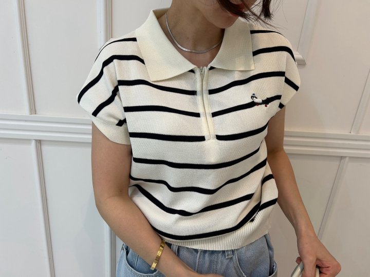 Pearls room - Korean Women Fashion - #romanticstyle - Zipper Embroidery Short Sleeve Knit - 2