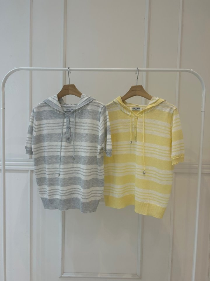 Pearls room - Korean Women Fashion - #shopsmall - Blanc Stripe Hoodie Short Sleeve Knit - 12