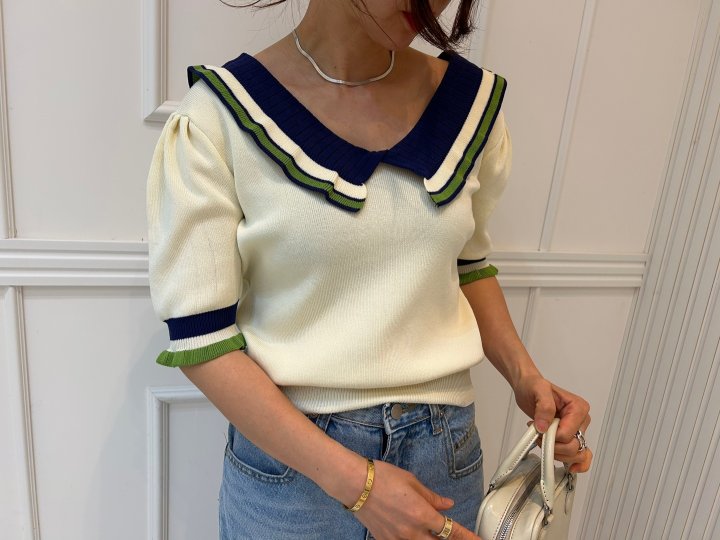 Pearls room - Korean Women Fashion - #shopsmall - Contrast V Frill Short Sleeve Knit - 8