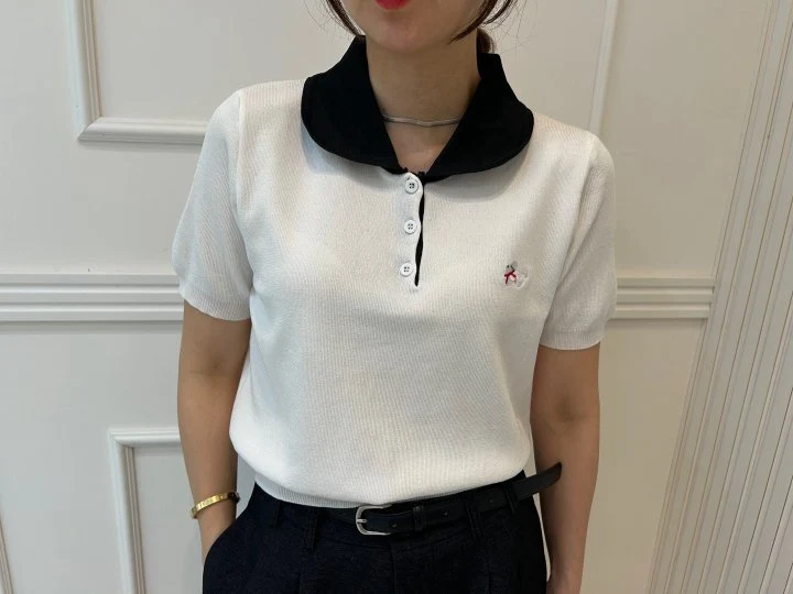 Pearls room - Korean Women Fashion - #shopsmall - Contrast Round Collar Short Sleeve Knit - 10