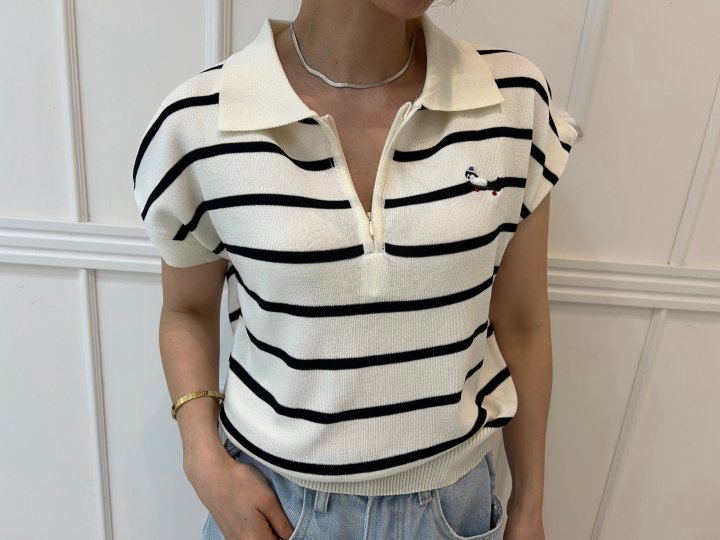 Pearls room - Korean Women Fashion - #shopsmall - Zipper Embroidery Short Sleeve Knit - 3